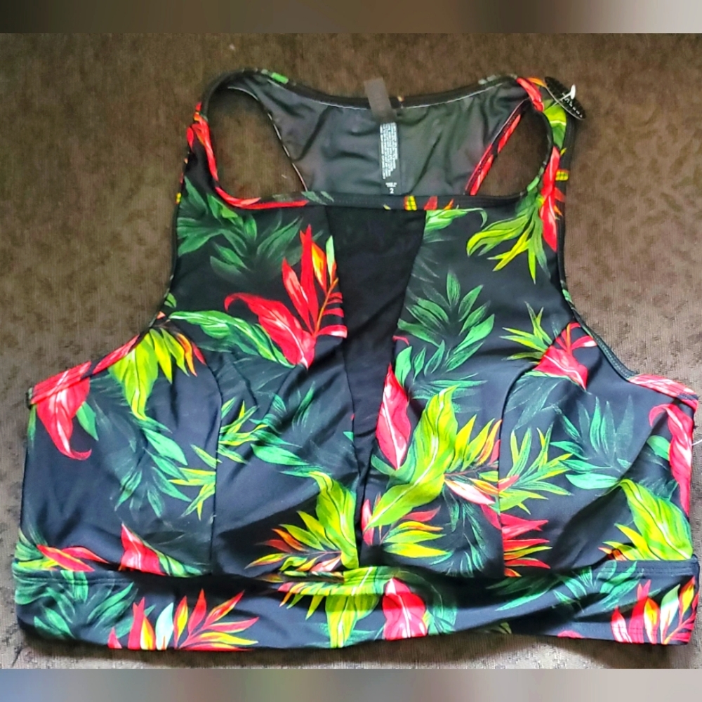 Black Tropical Print Wireless Swim Top